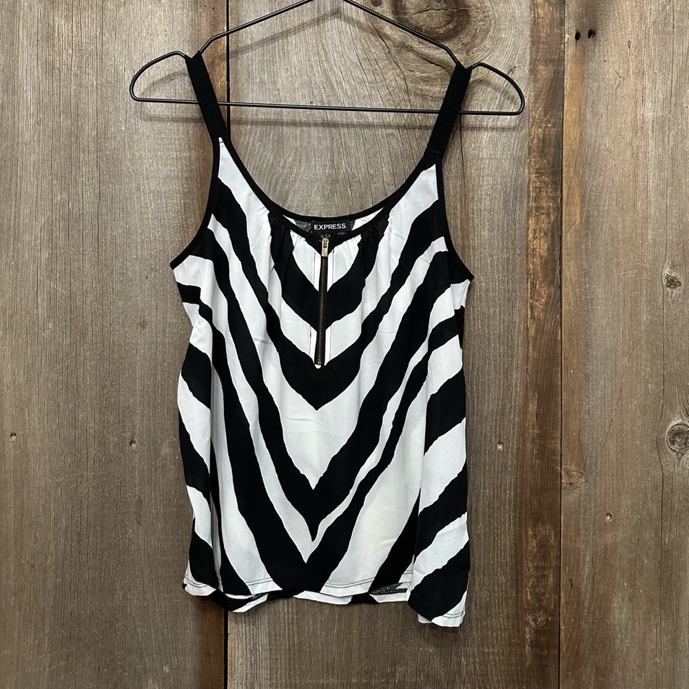 2014 Express Zipper Front Cami Tank Top Black White Mixed Media Print Size Small